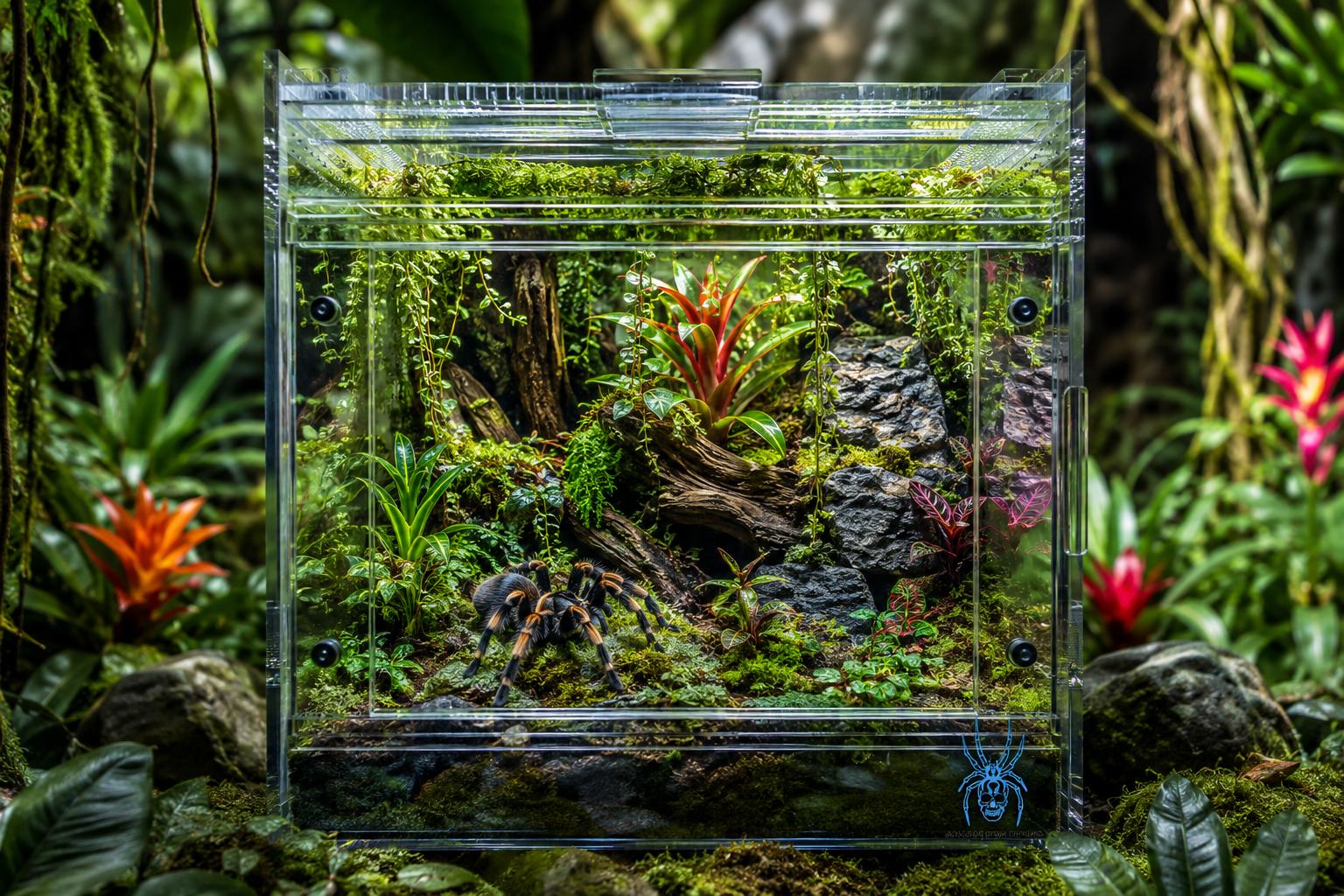 A planted DAK Habitats acrylic enclosure in rainforest undergrowth: moss and trailing vine over cork bark, a red bromeliad and dark lava rock inside, and a banded tarantula out on the substrate.